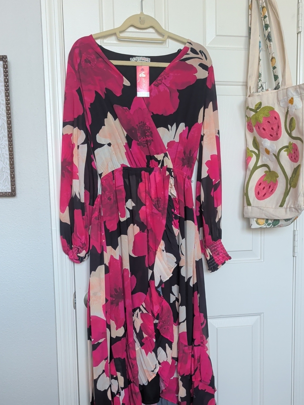 Long Sleeve Wrap Maxi Dress in Hot Pink Floral